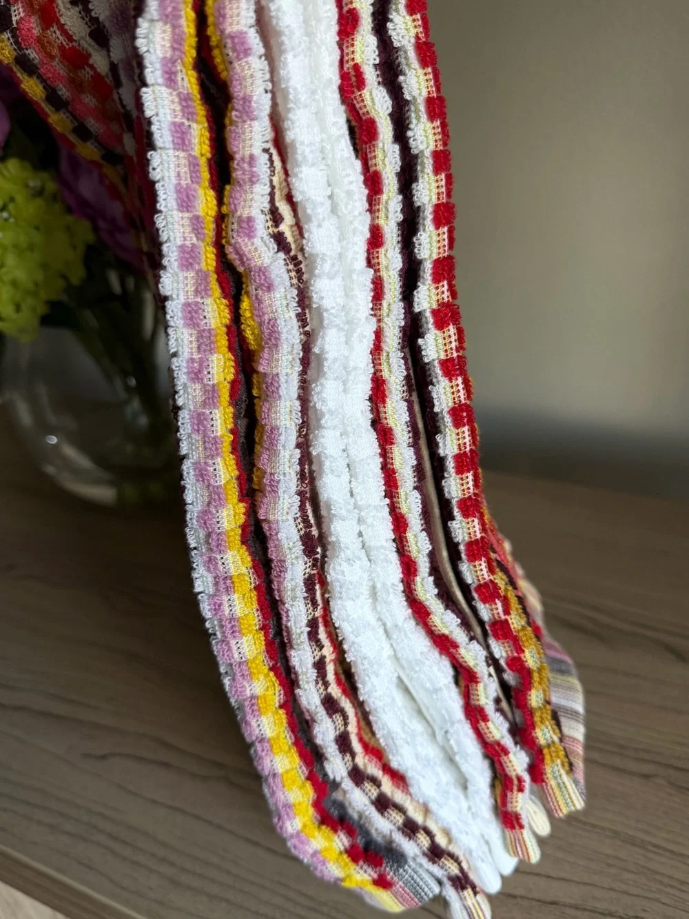 DEBORAH CONNOLLY FALL KITCHEN TOWELS (3) BLOCKS RED GOLD PURPLE 100% COTTON